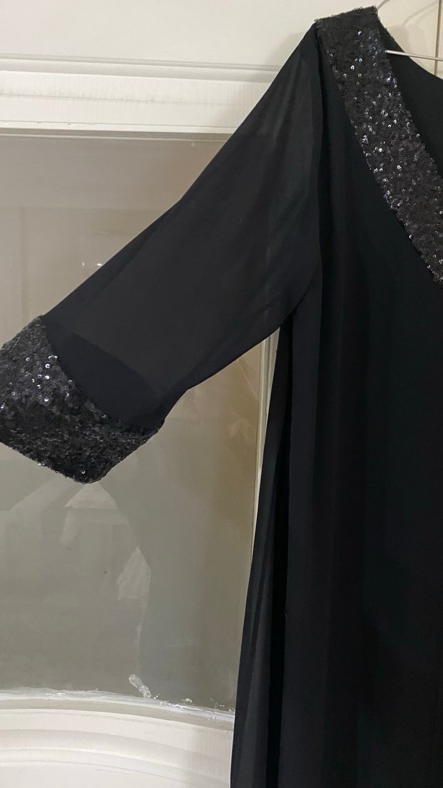 Siyah Payetli V Yaka Uzun Kadın Elbise - Görsel 2