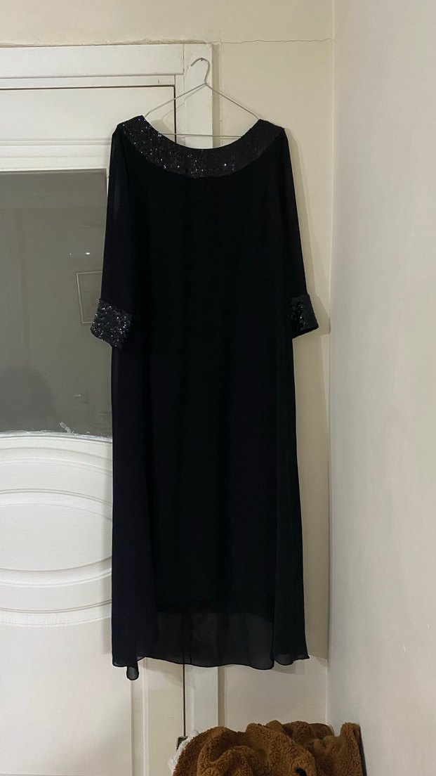 Siyah Payetli V Yaka Uzun Kadın Elbise - Görsel 5