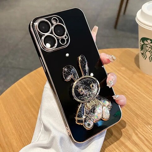 Lens kemara korumalı sulu glitter bunny yüzüklü stantlı kılıflar
