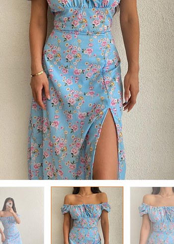 Mavi Çiçek Desenli Uzun Straplez Elbise - Görsel 2