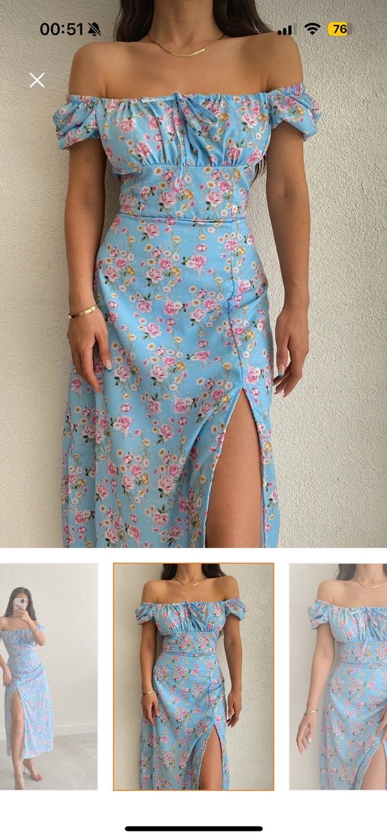 Mavi Çiçek Desenli Uzun Straplez Elbise - Görsel 2