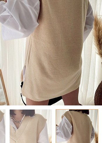 Bej V Yaka Kadın Triko Süveter - Görsel 2