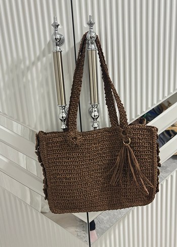Püsküllü Kahverengi Örgü Kadın Çanta - Görsel 2