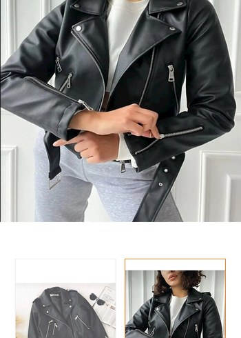 Diğer Siyah Kemerli Mini Deri Biker Ceket