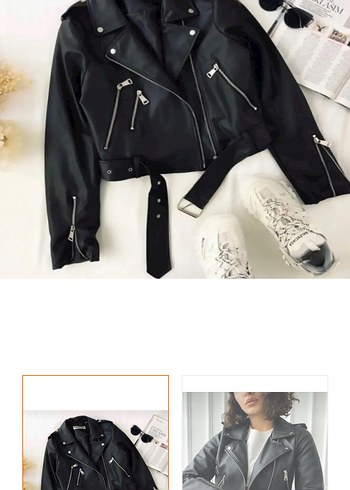 Siyah Kemerli Mini Deri Biker Ceket
