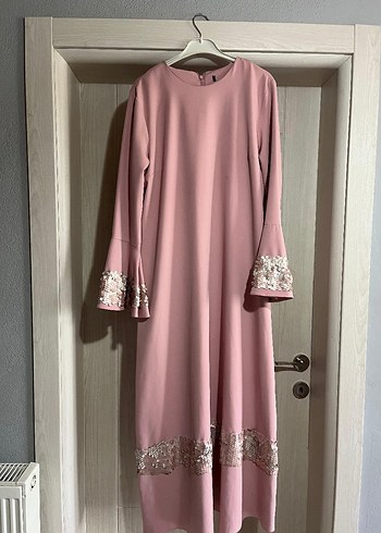 kolları pul Detaylı Pembe Uzun Kollu Elbise