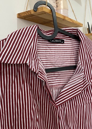 Bordo Çizgili Kadın Pamuklu Gömlek - Görsel 2