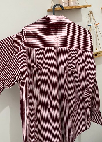 Bordo Çizgili Kadın Pamuklu Gömlek - Görsel 4