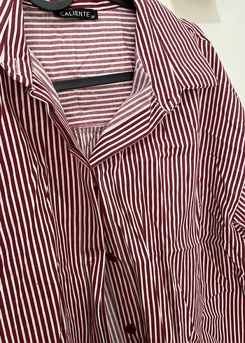 Bordo Çizgili Kadın Pamuklu Gömlek - Görsel 3