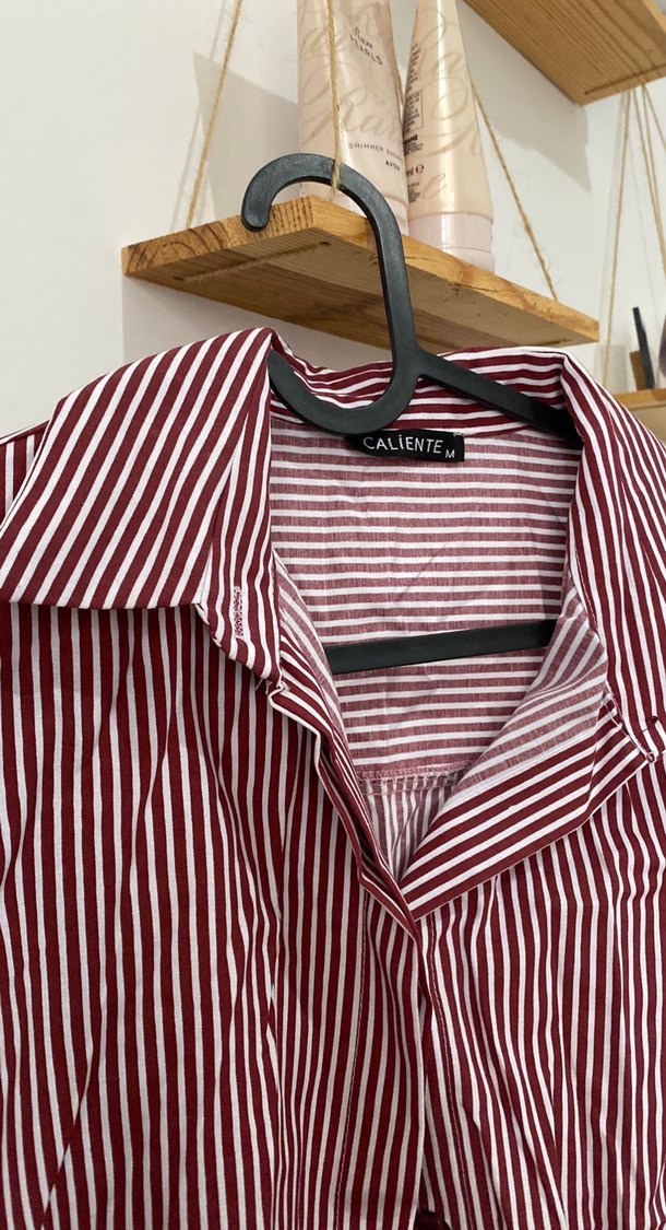 Bordo Çizgili Kadın Pamuklu Gömlek - Görsel 2