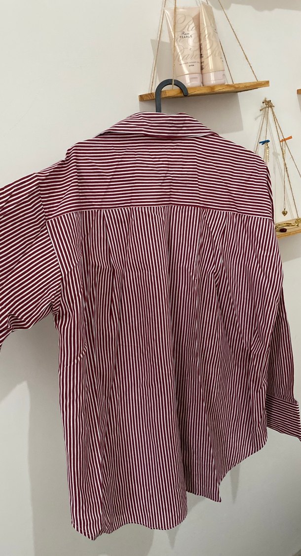 Bordo Çizgili Kadın Pamuklu Gömlek - Görsel 4