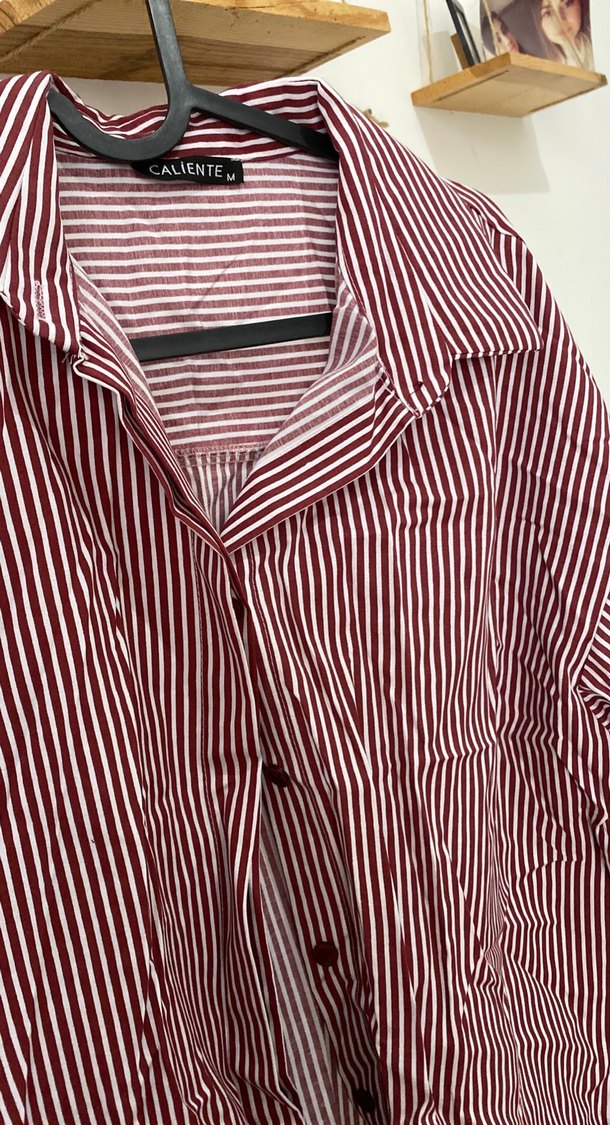 Bordo Çizgili Kadın Pamuklu Gömlek - Görsel 3