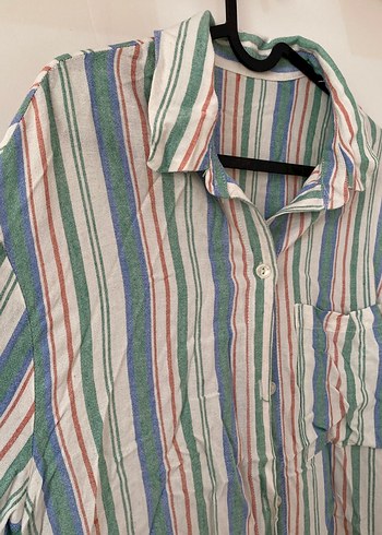 Çok Renkli Çizgili Keten Gömlek - Görsel 2