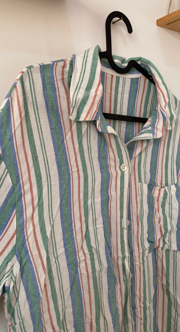 Çok Renkli Çizgili Keten Gömlek - Görsel 2