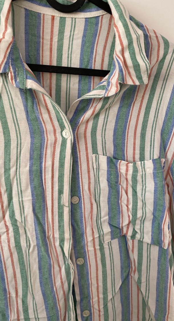 Çok Renkli Çizgili Keten Gömlek - Görsel 3