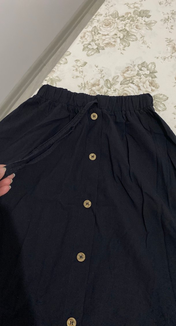 Düğmeli Siyah Midi Keten Etek S M uyumlu - Görsel 2