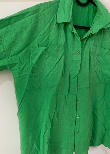 Düğmeli Yeşil Keten Kadın Gömlek - Görsel 3