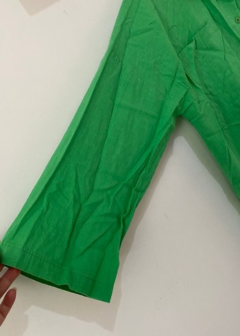 Düğmeli Yeşil Keten Kadın Gömlek - Görsel 2