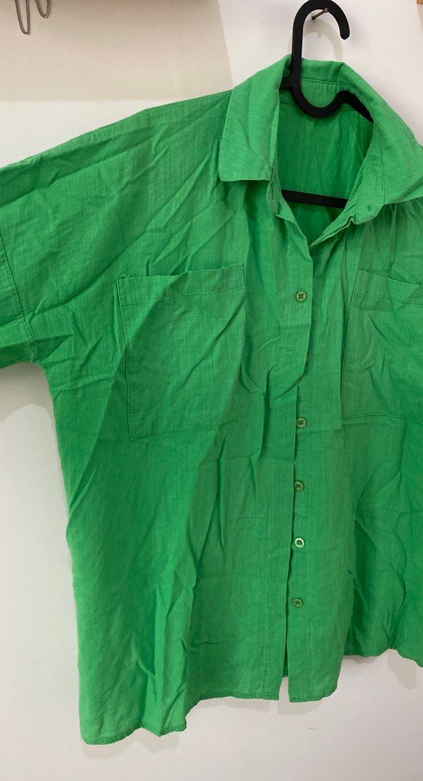 Düğmeli Yeşil Keten Kadın Gömlek - Görsel 3