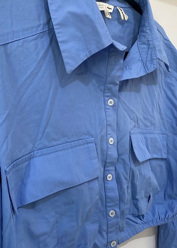 Düğmeli Mavi Kadın Keten Gömlek - Görsel 3