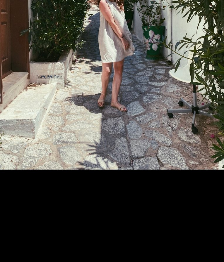 Gri Keten Uzun Kollessiz Kadın Elbise - Görsel 3