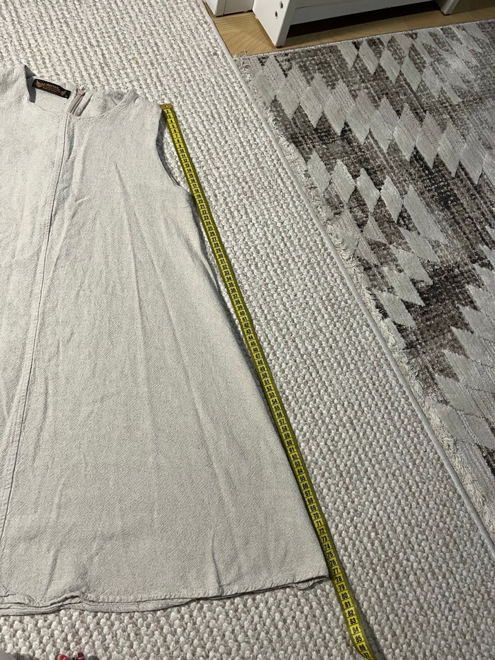 Gri Keten Uzun Kollessiz Kadın Elbise - Görsel 4