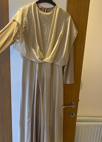 Bej Drape Detaylı Uzun Kadın Elbise tulum
