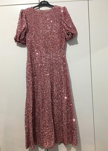 Pembe Parlak V Yaka Midi Abiye Elbise - Görsel 2