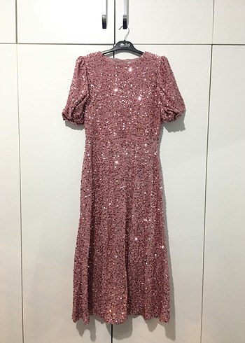 Pembe Parlak V Yaka Midi Abiye Elbise - Görsel 3