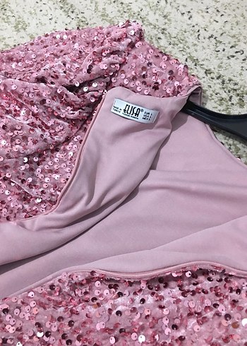 Pembe Parlak V Yaka Midi Abiye Elbise - Görsel 6