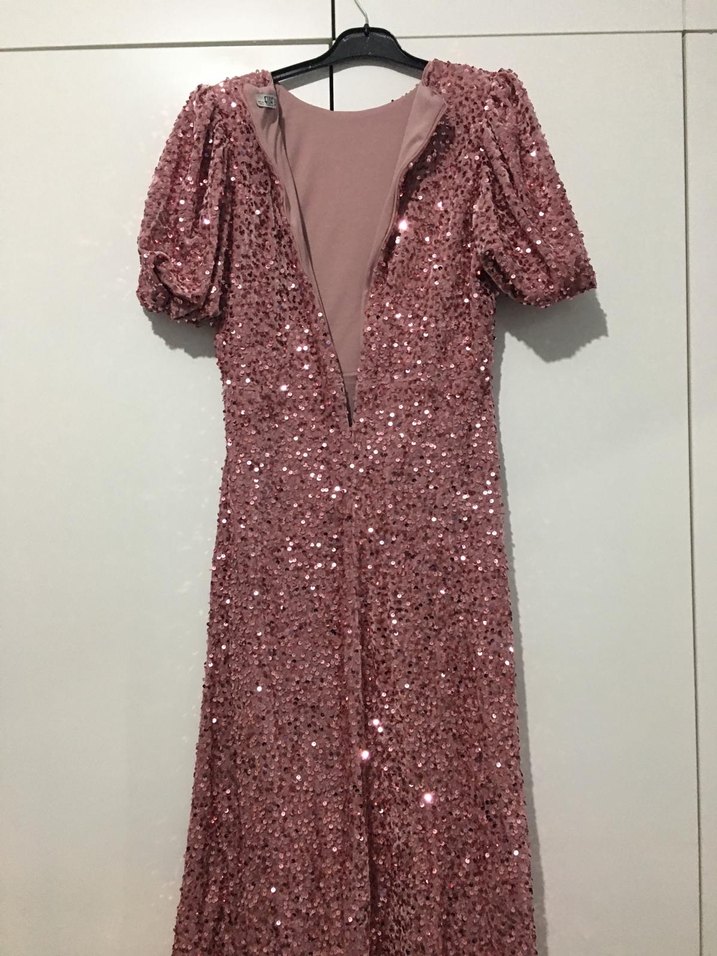 Pembe Parlak V Yaka Midi Abiye Elbise - Görsel 4