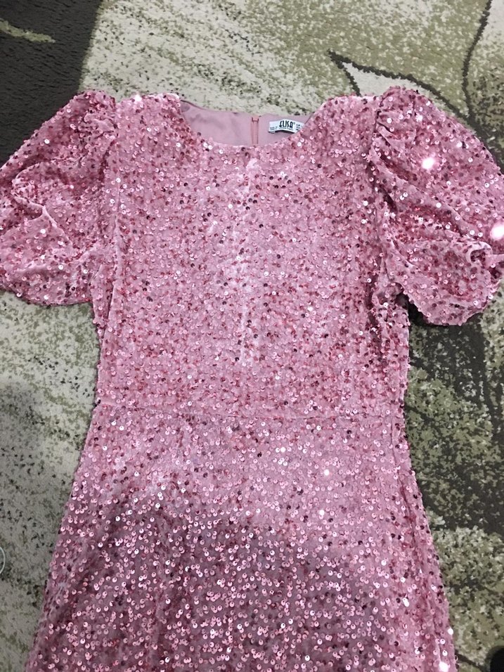 Pembe Parlak V Yaka Midi Abiye Elbise - Görsel 5