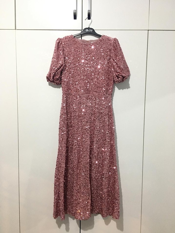 Pembe Parlak V Yaka Midi Abiye Elbise - Görsel 3