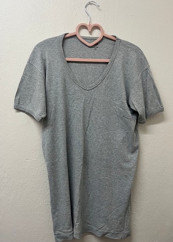 Gri Keten Erkek Tişört, Kısa Kollu, Salaş Kesim - Görsel 2