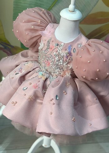 İnci Detaylı Pembe Kız Çocuk Abiye Elbise