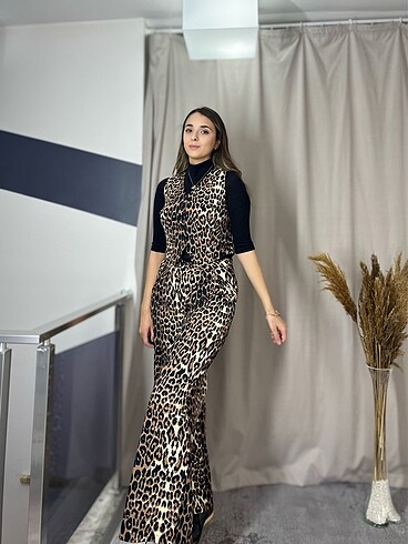 Diğer Keten Leopar yelek pantolon takım