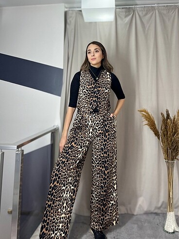 Keten Leopar yelek pantolon takım
