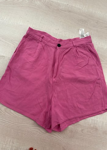 Pembe Yüksek Bel Mini Keten Şort