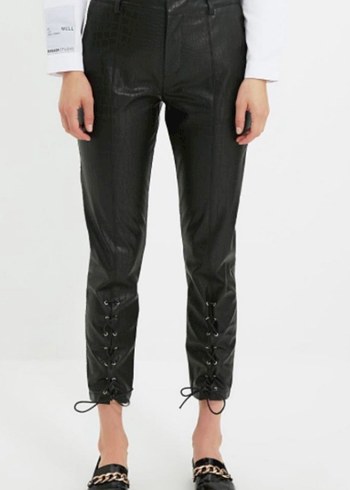 Sagaza Studio Düğmeli Siyah Deri Kadın Cigarette Pantolon - Görsel 2