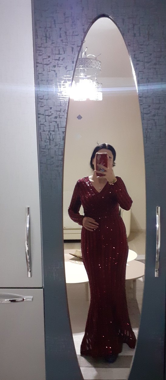 Bordo Uzun Kollu V Yaka Parlak Elbise - Görsel 2