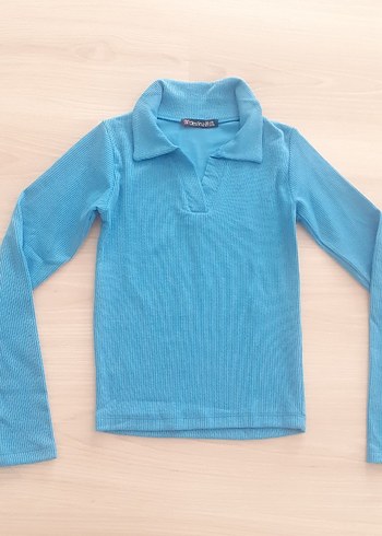 Diğer Uzun Kollu Mavi Polo Yaka mevsimlik bluz