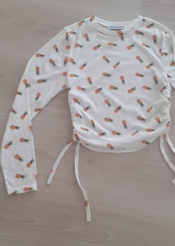 Beyaz ananas Baskılı Uzun Kollu yandan buzgülü krop Bluzu