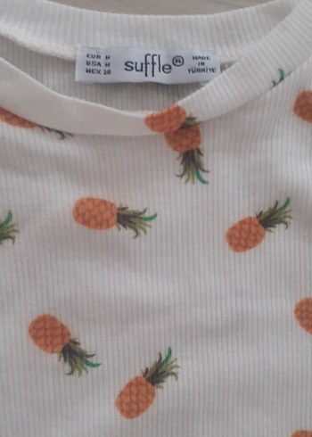 m Beden beyaz Renk Beyaz ananas Baskılı Uzun Kollu yandan buzgülü krop Bluzu