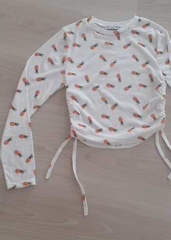 Diğer Beyaz ananas Baskılı Uzun Kollu yandan buzgülü krop Bluzu