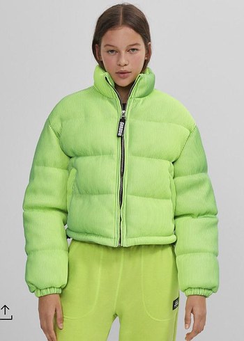 BERSHKA XS/S Yeşil Kadın Puff Mont, Yüksek Yakalı, Midi Boy