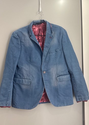 Düğmeli Erkek Kot Ceket, Notch Yaka, Mavi - Görsel 2