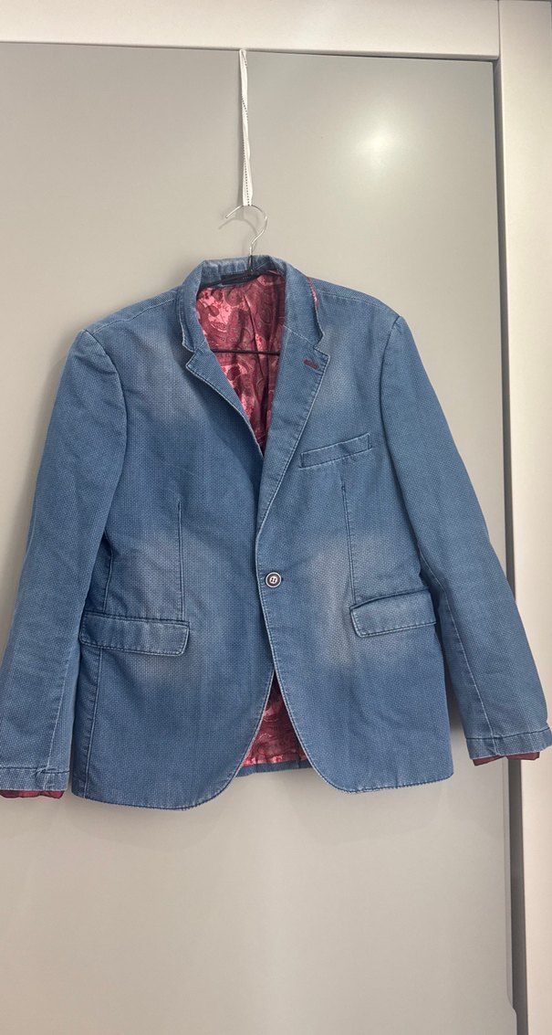 Düğmeli Erkek Kot Ceket, Notch Yaka, Mavi - Görsel 3