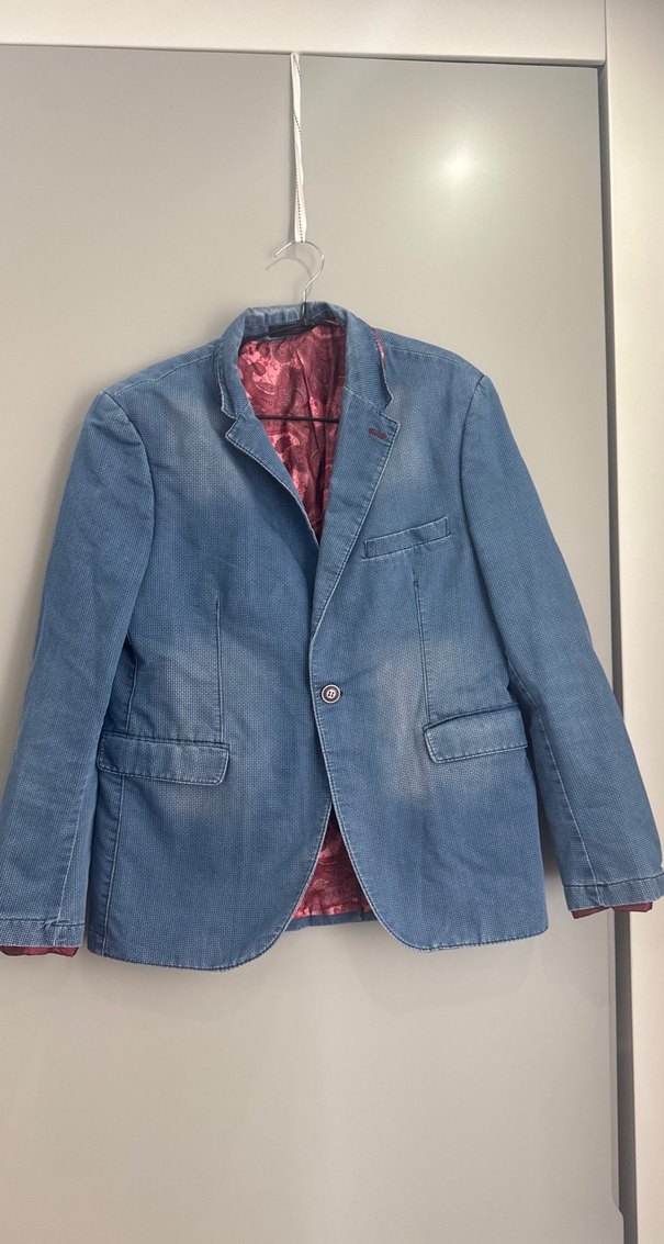 Düğmeli Erkek Kot Ceket, Notch Yaka, Mavi - Görsel 2