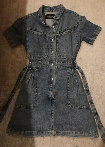 Kemerli Kısa Kollu Denim Midi kot Elbise - Görsel 2