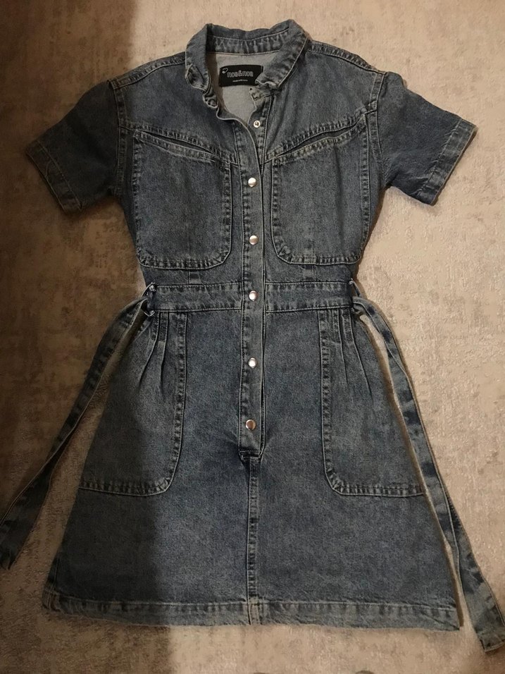 Kemerli Kısa Kollu Denim Midi kot Elbise - Görsel 2